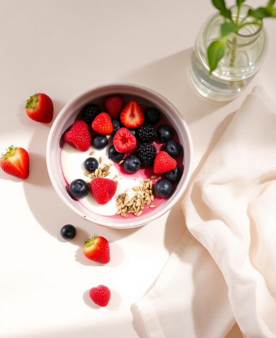 Bowl de yogurt con frutos rojos y semillas