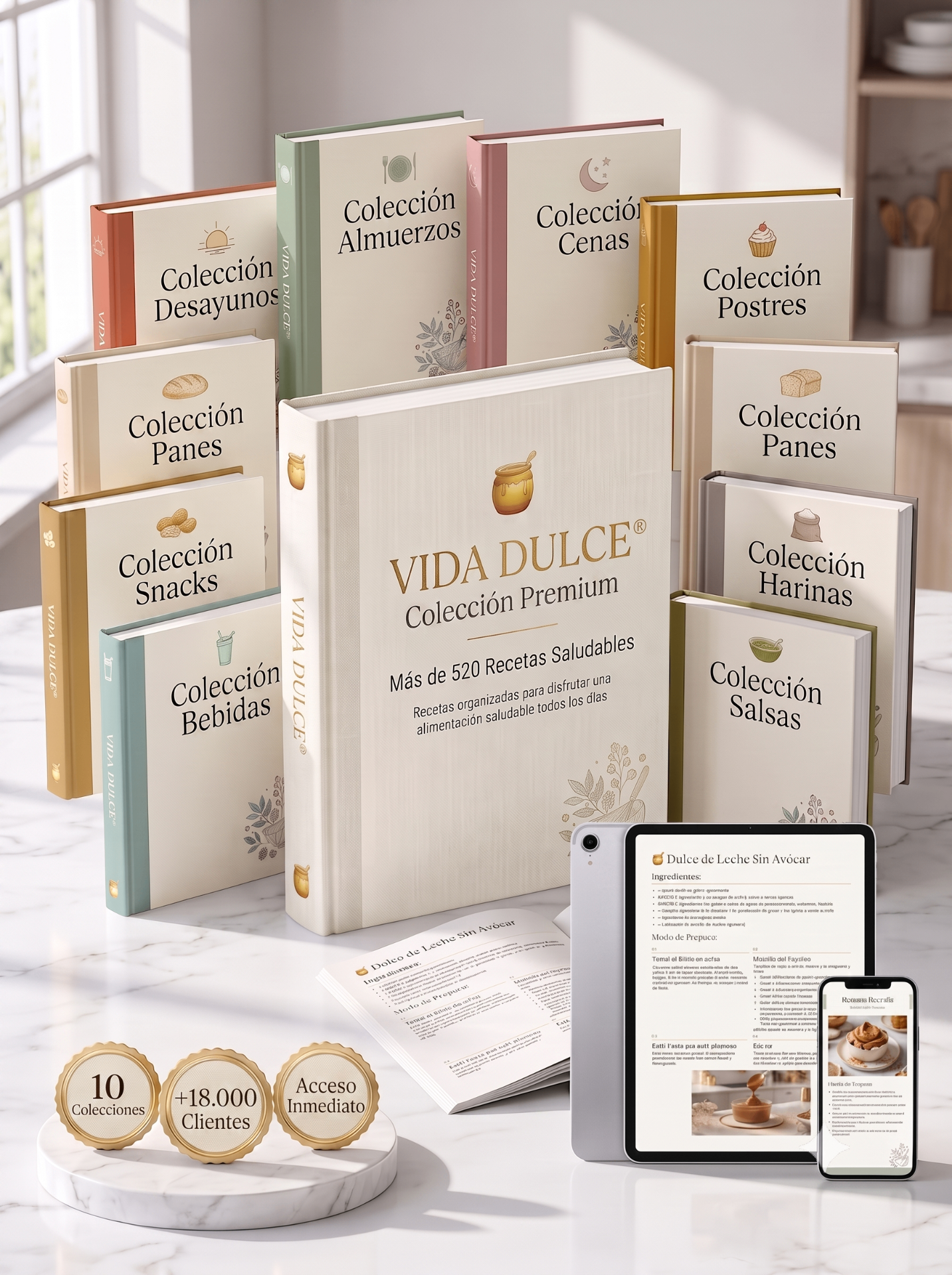 Colección Vida Dulce – recetarios premium sobre encimera de mármol